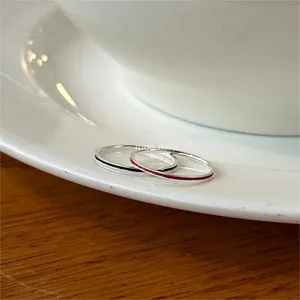 Close-up of minimalist 925 silver rings with red and black enamel lines on ceramic
