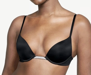 Detail of black deep V bra featuring sparkling rhinestones and smooth seamless fabric
