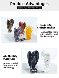 Detail showing handcrafted resin angel with natural crystal stones and smooth finish