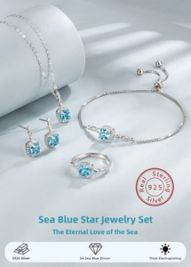 Detailed close-up of 925 sterling silver jewelry set featuring blue sea zircon stones