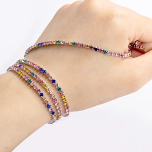 Colorful rhinestone chain in pink and rainbow hues with stainless steel setting