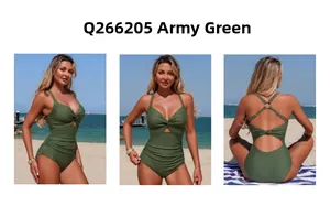 Detail of Army Green one-piece swimsuit with halter neck and front cutout design