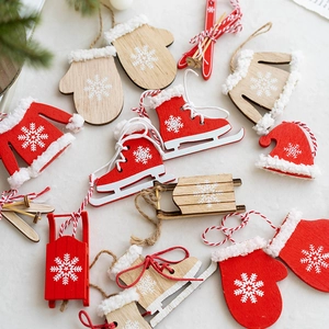 Nordic Wooden Christmas Ornament Red Natural Wood Snowflake Print For Christmas Tree Hanging Decor Party Gift Home Supplies