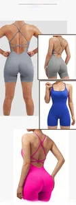 Macro view of ribbed one-piece bodysuit showing back crossover straps and scrunch butt detail