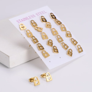 Golden stainless steel stud earrings set featuring minimalist heart-shaped lock designs