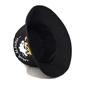 Cappello da pescatore nero in cotone con scritta bianca e stampa pizza per l'estate
