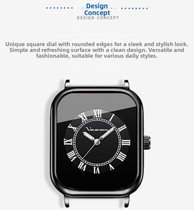 Detailed close-up of the square black metal case and round dial with Roman numerals