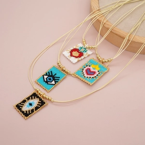 Bohemian Handmade Beaded Pendant Necklace Evil Eye Heart Glass Seed Beads Woven Rope Adjustable Ethnic Jewelry Women