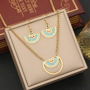 Fan Shaped Stainless Steel Necklace Earrings Bracelet Ring Turquoise Enamel Rhinestone Bohemian Vintage Ethnic Jewelry