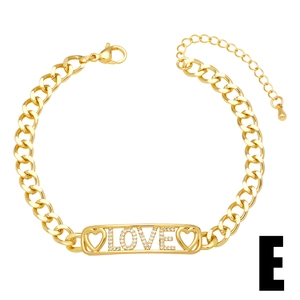 Macro shot of gold Cuban chain bracelet featuring a zircon inlaid LOVE plate and hollow hearts