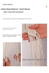 Detailed macro view of handmade macrame cotton knots and fringe on the wall hat rack