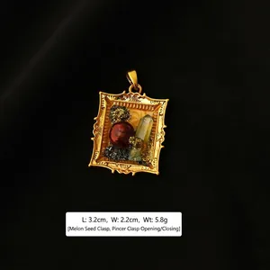 Macro view of vintage oil painting style pendant with dimensions 3.2cm by 2.2cm