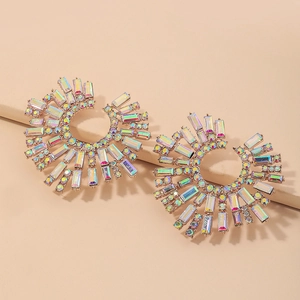 Exaggerated Iridescent Rhinestone Sunflower Stud Earrings With 925 Sterling Silver Earring Post Alloy Sunburst Party