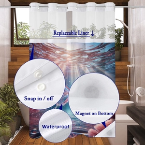 Detail of waterproof shower curtain with snap-in liner and magnetic bottom weights