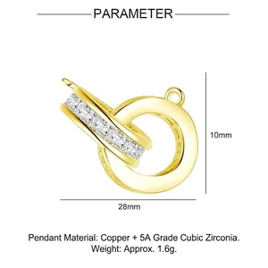 Detail view of interlocking circles pendant with 5A cubic zirconia and copper plating