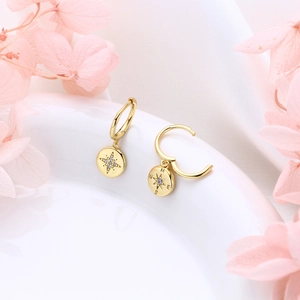 Close-up of gold star compass earrings with zircon on a white ceramic plate