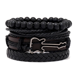 Multi-Layer Leather Bracelet With Guitar Charm Alloy Beads Punk Rock Retro Braided Wristband For Men Women Fashion