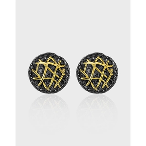 Vintage S925 Sterling Silver Round Stud Earrings For Women Two Tone 18K Gold Plated Irregular Grid Geometric Punk Jewelry