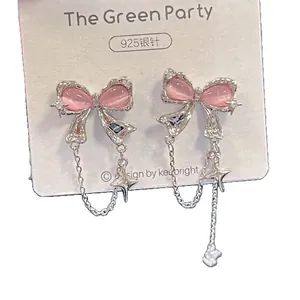 Sweet pink cat-eye stone bow tassel earrings with 925 silver needles for women