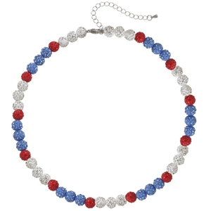 Detail of baseball bead necklace with red, white and blue rhinestones and metal chain