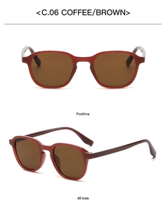 Detailed views of coffee brown round frame sunglasses with a 45-degree angle display