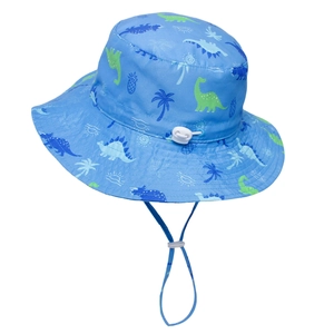 Close-up of quick-dry sun hat with blue dinosaur print and adjustable chin strap
