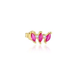 Macro shot of gold stud earring featuring pink marquise stones and small white diamonds