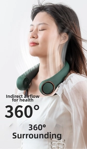Close-up of portable neck fan with 360-degree surround airflow on a fashion model