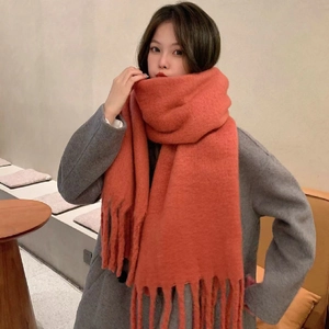 Thick warm terracotta mohair scarf with tassels for women, winter oversized wrap style
