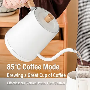 White gooseneck electric kettle for coffee with wood handle and precise vertical flow