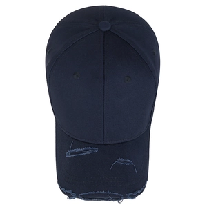 Navy blue cotton baseball cap with distressed brim and six-panel structure on white background