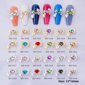 Detailed grid of 13x14mm bow and heart alloy nail art charms in various crystal colors