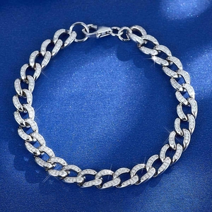Sparkling S925 sterling silver cuban link bracelet with zircon inlay on blue background