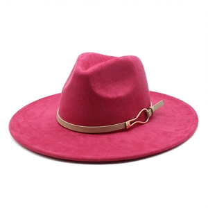 Magenta faux suede wide brim fedora hat with brown leather band and gold buckle detail