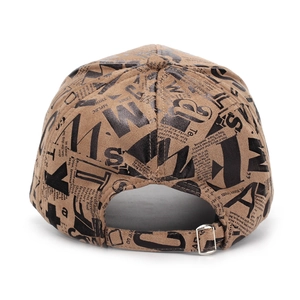 Detail of adjustable strap with metal buckle on khaki vintage newspaper print baseball cap