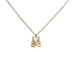 Minimalist titanium steel necklace with a pearl bear pendant and heart love charm
