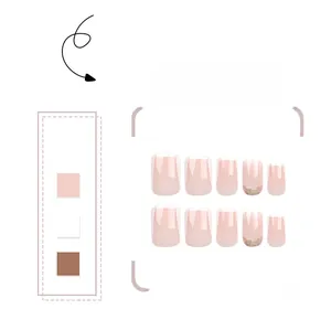 Detail of short French tip press-on nails with nude pink base and gold glitter accents