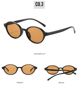 Three views of retro oval sunglasses featuring a glossy black frame and amber orange lenses