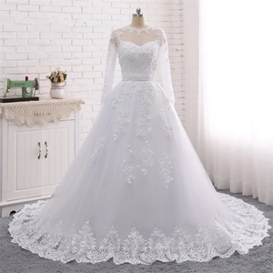 Elegant Long Sleeve Lace Wedding Dress Cathedral Train Beaded Mesh Bridal Gown White Ball Gown Ceremony