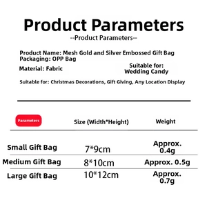 Size chart for organza drawstring gift bags in small, medium, and large dimensions