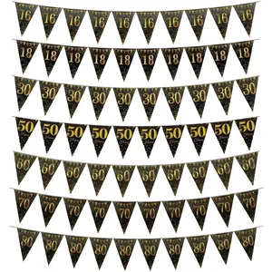 Black Gold Birthday Party Decorations Triangle Pennant Banner 16 18 30 50 60 70 80 Years Anniversary Hanging Flags Garland