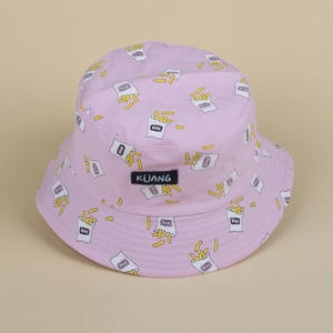Pink cotton canvas bucket hat featuring cartoon french fries print and logo embroidery