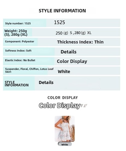 Detailed size and material chart for white floral chiffon dress with ruffled hem