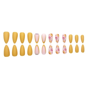 Matte almond press-on nails with mustard yellow, white floral patterns and rhinestones