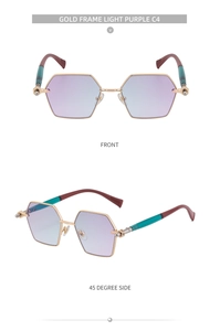 Macro view showing front and side angles of gold metal hexagonal sunglasses with purple lenses