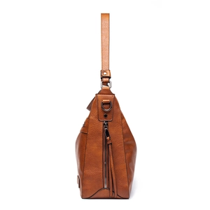 Brown faux leather tote bag with lychee texture and metal zipper detail on side