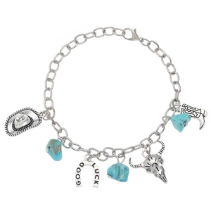 Western cowboy style silver charm bracelet with turquoise, bull skull and lucky horseshoe
