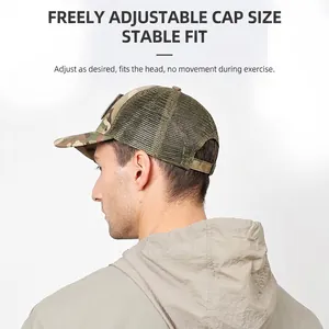 Multicam camouflage trucker hat with breathable olive mesh and adjustable back strap