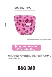 Pink leopard plush makeup bag dimensions showing 17cm width and inner cotton lining