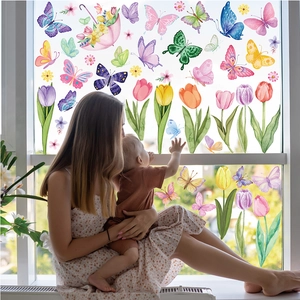 Spring window clings featuring watercolor butterflies and tulips on glass for home decor